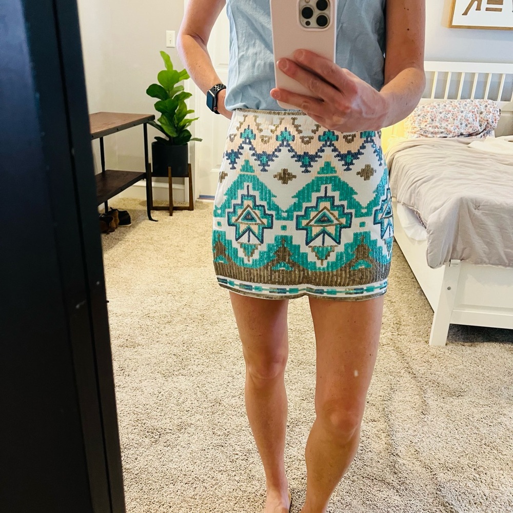 miami Beaded Aztec Mini Skirt in Teal, White & Gold